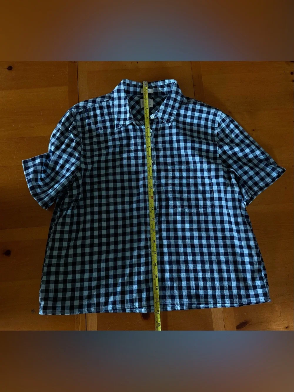 Cropped Short Sleeve Black & White Check Button-Up Shirt.